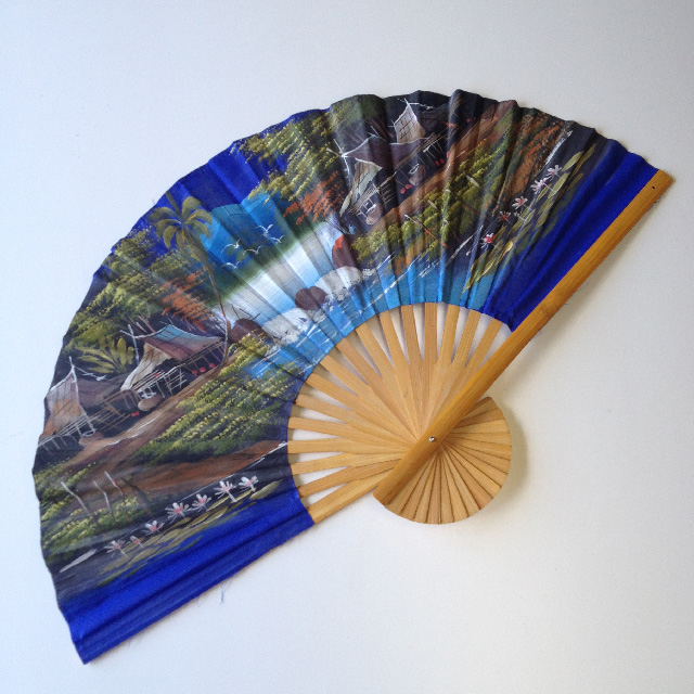 FAN, Asian Style - Blue w Painted Village Scene 100cm